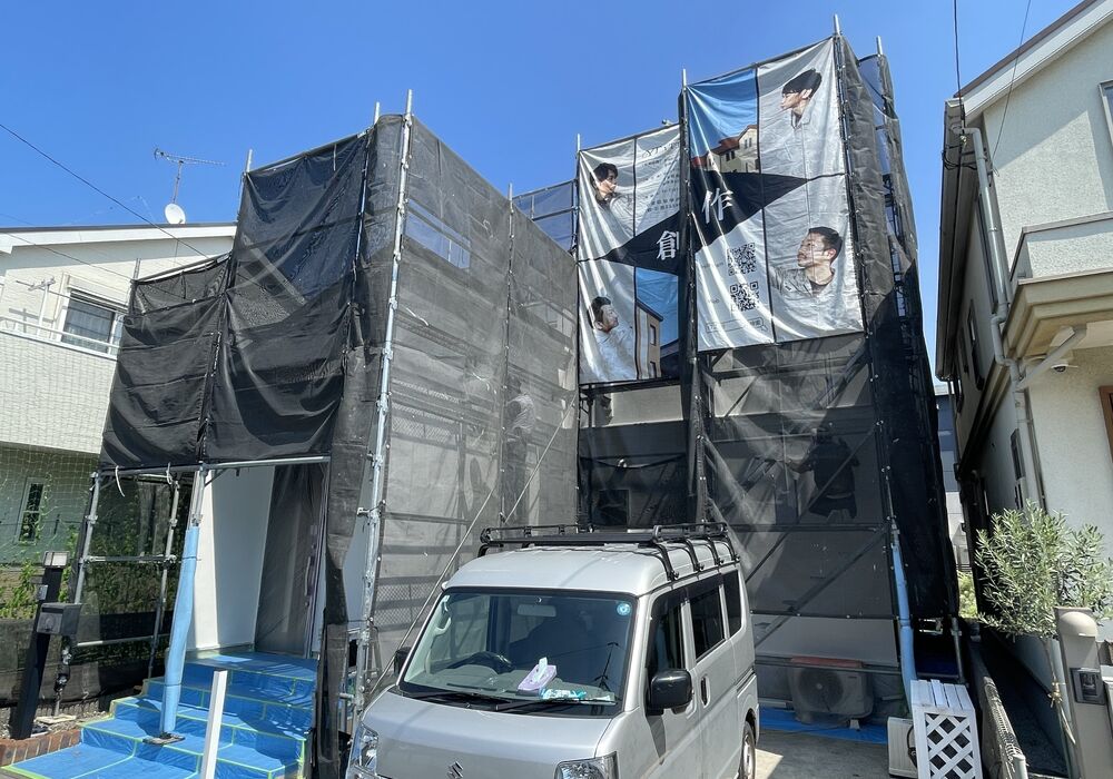 野田市山崎　戸建て住宅　外壁塗装工事　足場全景